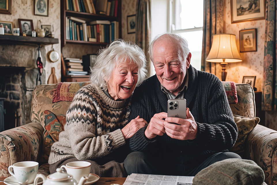 Older couple smiling at a mobile device at home, illustrating lump sum vs annuity lottery payout options.