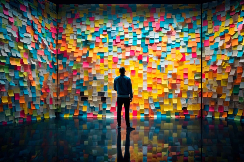 Psychology of numbers represented by a person facing a colorful pattern of numbers and combinations