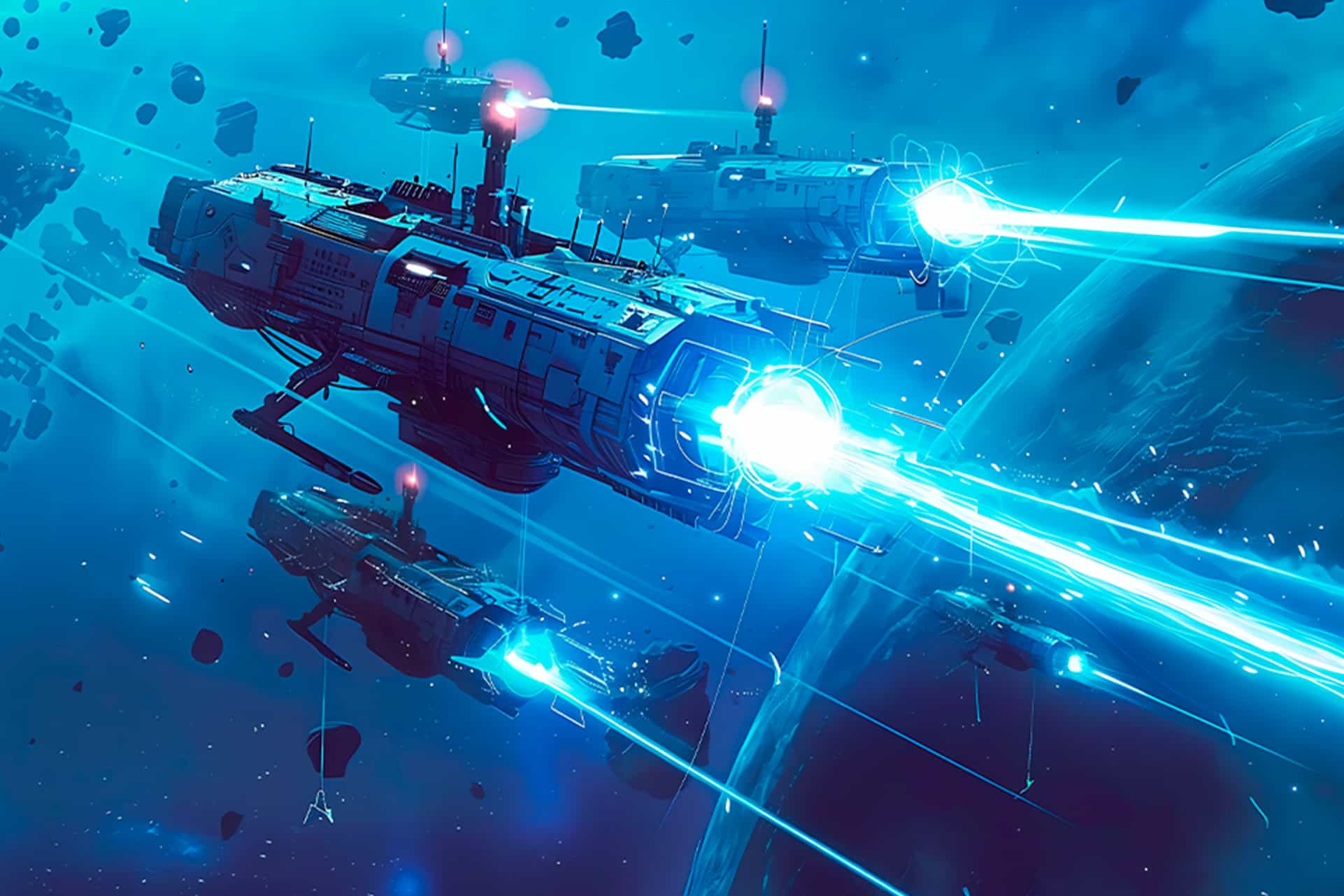 Batalla espacial futurista con naves y rayos de luz azul, en referencia al 4 de mayo y la suerte al elegir números de lotería.