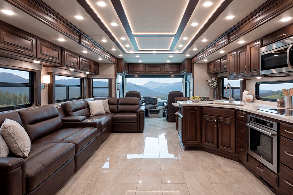 Luxury RV Road Trip interior with spacious seating, wood finishes, and a modern kitchen for a Powerball travel dream.