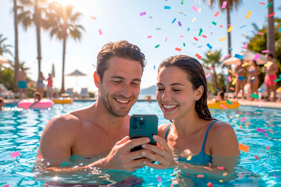 Two people looking at a mobile phone while playing the lottery on National Lottery Day