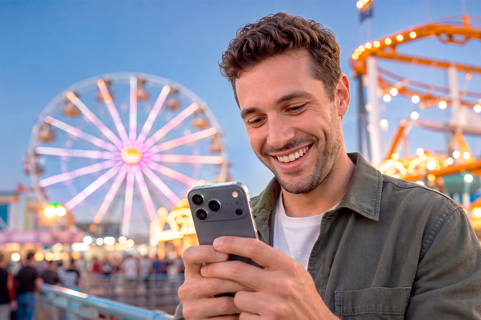 Man checking his phone at an amusement park on National Roller Coaster Day