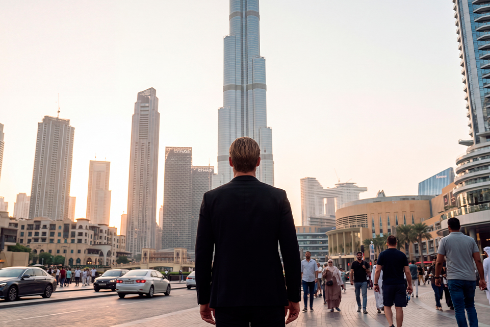 Man looking at towering skyscrapers on Skyscraper Day